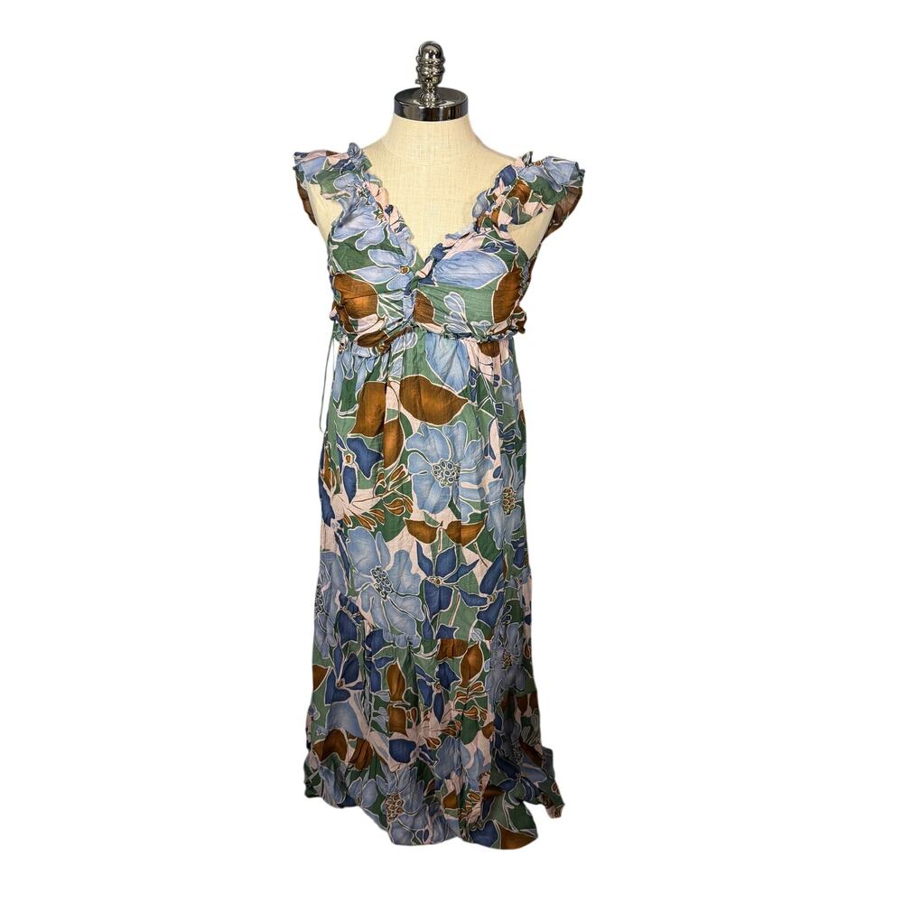Baltic Born Blue Floral V-Neck Tiered Maxi Dress Size Small